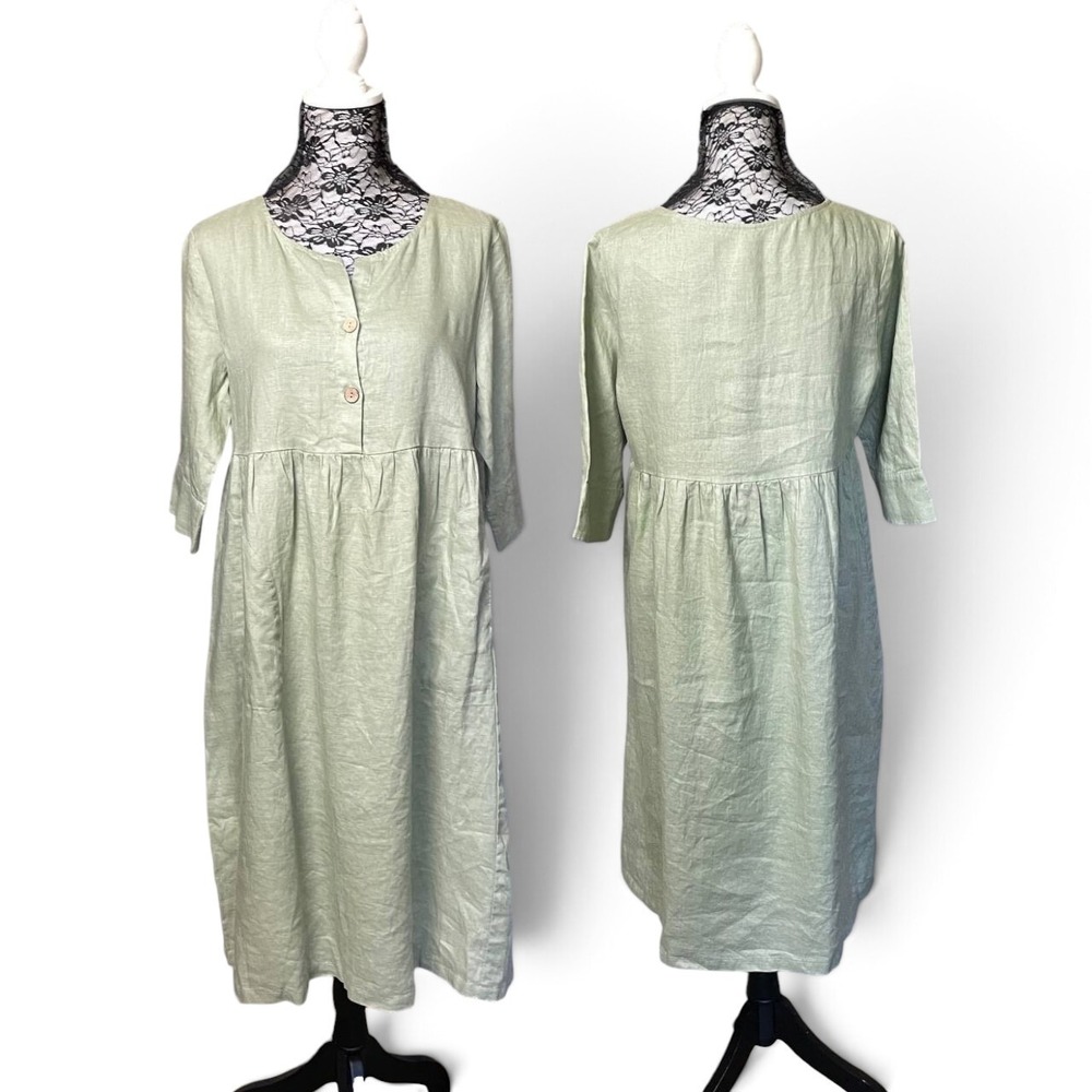 Grae Cove Sage Green 100% Linen Midi Dress Cottagecore 3/4 Sleeve Medium